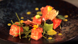 Lovage Cured Fillet of Loch Duart Salmon, Sea Herbs, Samphire, Pickled Cucumber & Attilus Royal Oscietra Caviar